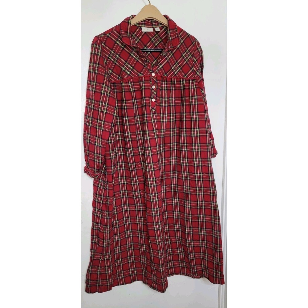 LL‎ Bean Night Gown Women's L Red Green Scotch Plaid Flannel Cotton Christmas